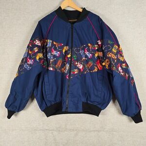 Vintage 90s Bee Wild Cowboy Western Boots Print Bomber Jacket Navy XL USA Made